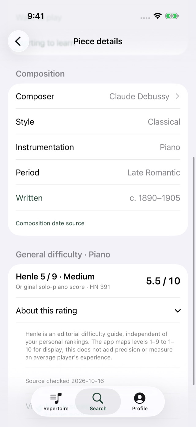 Piece details showing Henle level 5 of 9, converted to 5.5 out of 10